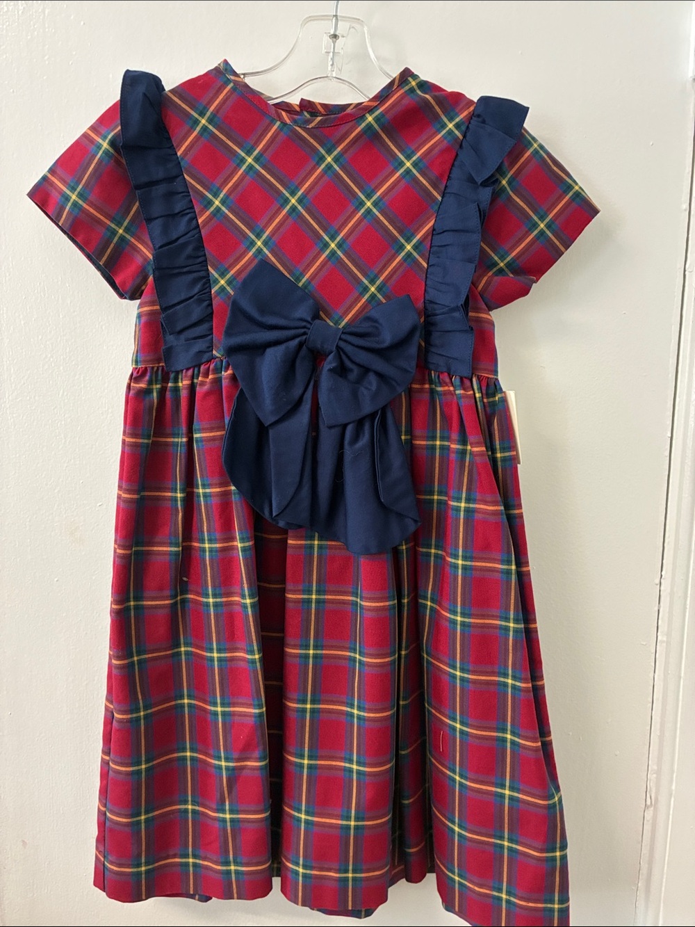 Sophie & lucas Girls Red Plaid Dress with Navy Bow